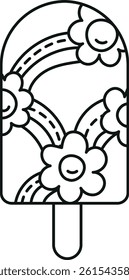groovy ice cream, groovy boho popsicle in line style. Colorful ice cream pop with flowers and rainbows on a blue background.