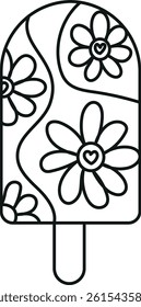 groovy ice cream, groovy boho popsicle in line style. Colorful ice cream pop with floral designs on a pastel background.