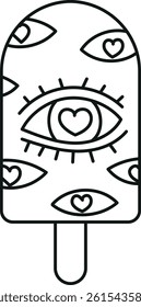 groovy ice cream, groovy boho popsicle in line style. Colorful ice cream pop with eye and heart designs on a blue background.