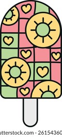groovy ice cream, groovy boho popsicle in doodle color line style. Colorful ice cream pop with sun and heart patterns.