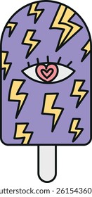 groovy ice cream, groovy boho popsicle in doodle color line style. Colorful ice pop with eye design and lightning motifs.
