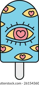 groovy ice cream, groovy boho popsicle in doodle color line style. Colorful ice cream pop with eye and heart designs on a blue background.