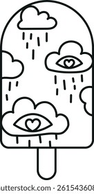 groovy ice cream, groovy boho popsicle in line style. Whimsical ice cream with clouds and eyes, conveying emotions.