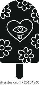 groovy ice cream, groovy boho popsicle in doodle glyph style. Colorful ice cream pop with floral and heart designs.