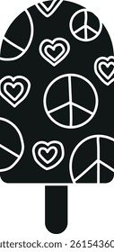 groovy ice cream, groovy boho popsicle in doodle glyph style. Colorful ice cream pop with peace and heart patterns.