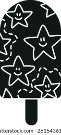 groovy ice cream, groovy boho popsicle in doodle glyph style. Colorful ice cream pop with cheerful star patterns and a smiling face.