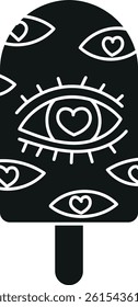 groovy ice cream, groovy boho popsicle in doodle glyph style. Colorful ice cream pop with eye and heart designs on a blue background.