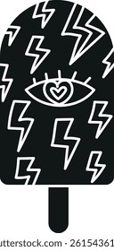 groovy ice cream, groovy boho popsicle in doodle glyph style. Colorful ice pop with eye design and lightning motifs.