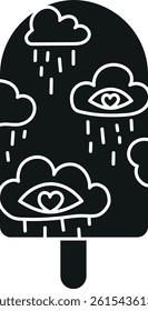 groovy ice cream, groovy boho popsicle in doodle glyph style. Whimsical ice cream with clouds and eyes, conveying emotions.