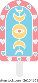 groovy ice cream, groovy boho popsicle in doodle flat color style. Colorful ice cream pop with whimsical designs and hearts.