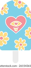 groovy ice cream, groovy boho popsicle in doodle flat color style. Colorful ice cream pop with floral and heart designs.
