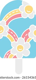groovy ice cream, groovy boho popsicle in doodle flat color style. Colorful ice cream pop with flowers and rainbows on a blue background.