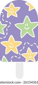 groovy ice cream, groovy boho popsicle in doodle flat color style. Colorful ice cream pop with cheerful star patterns and a smiling face.