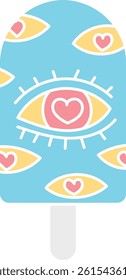 groovy ice cream, groovy boho popsicle in doodle flat color style. Colorful ice cream pop with eye and heart designs on a blue background.