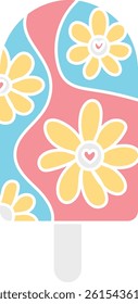 groovy ice cream, groovy boho popsicle in doodle flat color style. Colorful ice cream pop with floral designs on a pastel background.
