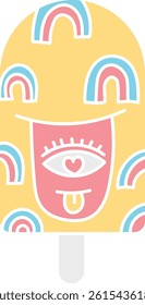 groovy ice cream, groovy boho popsicle in doodle flat color style. Playful ice cream design with rainbow patterns and a whimsical face.