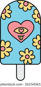 groovy ice cream, groovy boho popsicle in doodle color line style. Colorful ice cream pop with floral and heart designs.