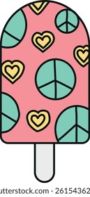 groovy ice cream, groovy boho popsicle in doodle color line style. Colorful ice cream pop with peace and heart patterns.