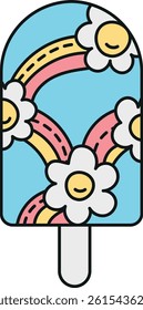 groovy ice cream, groovy boho popsicle in doodle color line style. Colorful ice cream pop with flowers and rainbows on a blue background.