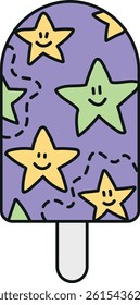 groovy ice cream, groovy boho popsicle in doodle color line style. Colorful ice cream pop with cheerful star patterns and a smiling face.