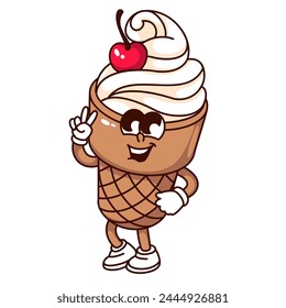 Groovy ice cream cartoon character with cherry and victory sign. Funny retro gelato in waffle cup with hippie peace gesture, ice sweets mascot, cartoon sticker of 70s 80s style vector illustration