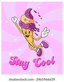 Groovy ice cream cartoon character, victory sign. Funny retro gelato in waffle cup with peace ice sweets mascot, cartoon sticker of 70s 80s style vector illustration Stay cool background, Poster or ba