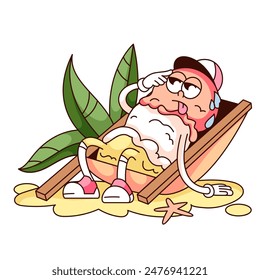 Groovy ice cream cartoon character melting on beach lounger. Funny retro summer dessert in sunbed, beach vacation in paradise and food mascot, cartoon sticker of 70s 80s style vector illustration