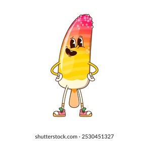 Groovy ice cream character. Cartoon vector vibrant and playful icecream popsicle personage with stands akimbo with cheerful expression and bright colors, exudes summer vibes, fun and positivity