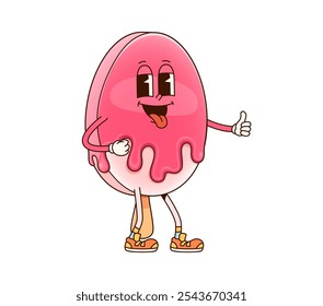 Groovy ice cream character. Cartoon vector pink, drippy icecream popsicle personage with expressive eyes, cheeky smile and is giving a thumbs-up while sticking out its tongue with retro and funky vibe