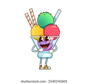 Groovy ice cream character featuring vibrant scoops in a glass cup. Isolated cartoon vector comic icecream dessert personage with playful smiling face, colorful sprinkles and fun whimsical summer vibe