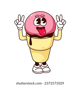 Groovy ice cream character with V fingers vector illustration. Cartoon isolated funny retro psychedelic sweet food emoji with crazy face and tongue, pink cream ball and waffle cup, peace gesture