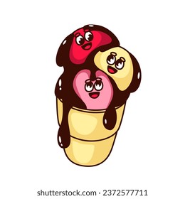 Groovy ice cream character vector illustration. Cartoon isolated retro funky sticker of sundae balls with psychedelic faces and smiles, chocolate sprinkles and waffle cup, funny ice cream mascot