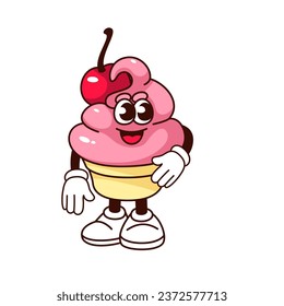 Groovy ice cream character vector illustration. Cartoon isolated retro psychedelic summer sweet food sticker, soft cream pink gelato and cherry berry in waffle cone, funky mascot with funny smile