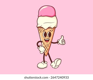 Groovy ice cream character in waffle cone. Vector illustration for dessert mascot, vintage sweet shop and nostalgic design