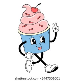 Groovy ice cream characters in retro cartoon style. Fast food dessert mascot vector illustration. Nostalgia 60s, 70s, 80s. Vector illustration trendy vintage style