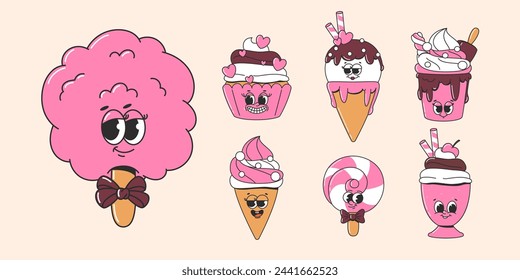 Groovy ice cream, cupcake, lollipop, milk shake in retro cartoon style. Stickers cafe, restaurant, bar. Vector illustration in y2k style.