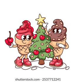 Groovige Eisbecher Cartoon-Figuren schmücken Weihnachtsbaum mit Kirsche. Lustiges Retro Happy Gelato in Waffel. Weihnachtsfeier, Dessert-Maskottchen, Cartoon-Aufkleber im Stil der 70er und 80er Jahre, Vektorgrafik