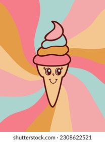Groovy ice cream, cute vector illustration