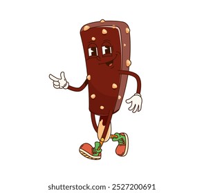 Groovy ice cream eskimo character with a funky hippie vibe, depicted in a playful pose. Isolated cartoon vector comic popsicle icecream with chocolate glaze and nuts. Trendy summer dessert personage