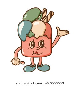 Groovy Ice cream with macaroon wafer rolls. Retro character or funky gelato dessert, comic personage. Happy ice-cream mascot with palm up hand gesture. 70s tasty hippie or hipster art funny