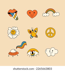 Groovy icon set. Vector retro 70s elements. Cartoon funky flower, heart, smile, rainbow, vintage hippy style element set. 