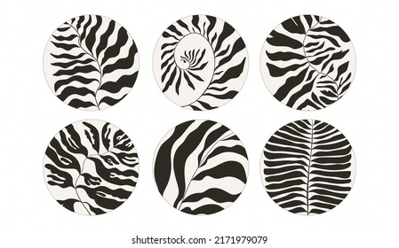Groovy icons in Matisse style, abstract flora. Vector illustration. Set of icons and emblems for social media news covers. Design templates for yoga studio, tourism, beauty salons