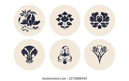 Groovy icons in Matisse style, abstract flora. Vector illustration. Set of icons and emblems for social media news covers. Design templates for yoga studio, tourism, beauty salons