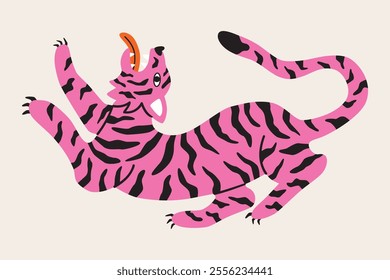 Groovy illustration of a roaring tiger. Cartoon animal character. Asian striped predator. Retro design for print, poster, card. 