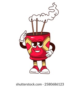 Groovy incense burner cartoon character with smile on happy face. Funny retro personage pointing at incense smoke. Chinese lunar New Year mascot, cartoon sticker of 70s 80s style vector illustration