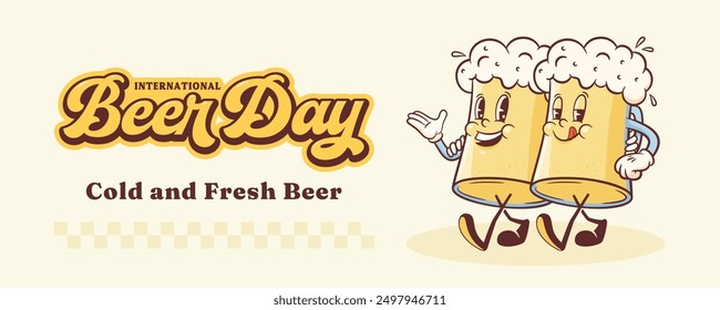 Groovy International Beer Day Octoberfest Retro Characters Banner Illustration. Cartoon Glass Beer Mugs Walking and Smiling Vector Food Mascot Template. Happy Vintage Cool Beverages Drawing