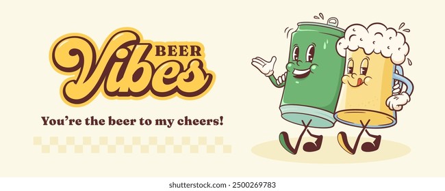 Groovy Día Internacional de la Cerveza Octoberfest Retro Personajes Ilustración de Anuncio. Taza de cerveza de vidrio de dibujos animados y lata caminando y sonriendo comida de Vector Mascota Plantilla Feliz Antiguas Bebidas frescas. Dibujo