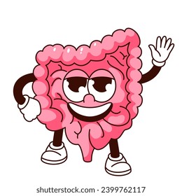 Groovy intestine cartoon character waving hand. Funny healthy internal organ of digestive system with happy face, retro intestine cartoon mascot, body anatomy sticker of 70s 80s vector illustration