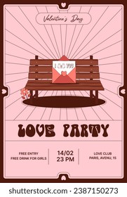 Groovy Invitation for Love Party. Cute cartoon lovely poster. Retro Valentines Day. Trendy retro 60s 70s style. Red, pink colors. Vector illustration