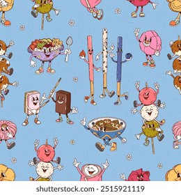 Groovy Japanese desserts characters seamless pattern, featuring fun Japan sweet food personages. Cartoon vector tile background, wallpaper, fabric print with a playful and whimsical Asian pastry meals